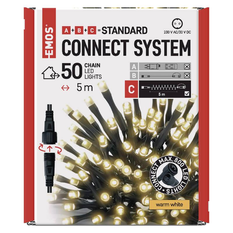 Spojovací řetěz EMOS 50 LED Standard, 5 m, venkovní i vnitřní, teplá bílá, časovač