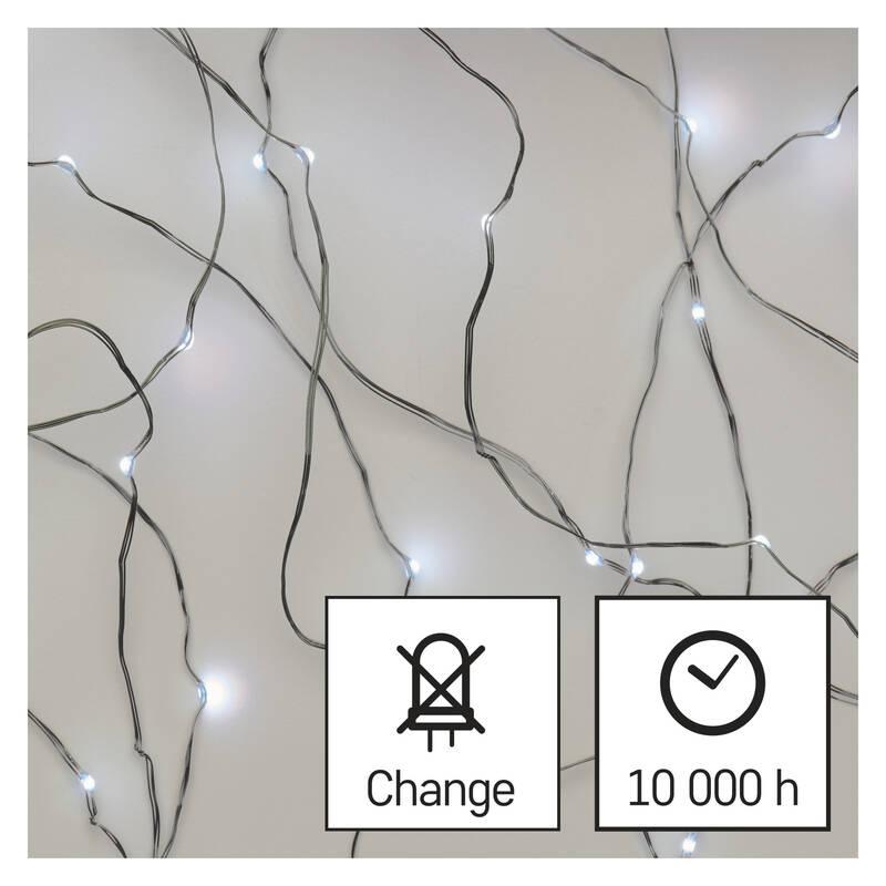 Vánoční osvětlení EMOS 10 LED nano řetěz stříbrný, 0,9 m, 2x AA, vnitřní, studená bílá, časovač