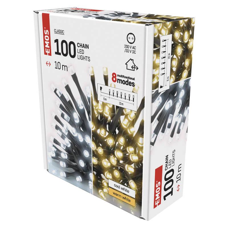 Vánoční osvětlení EMOS 100 LED řetěz 2v1, 10 m, venkovní i vnitřní, teplá studená bílá, programy, Vánoční, osvětlení, EMOS, 100, LED, řetěz, 2v1, 10, m, venkovní, i, vnitřní, teplá, studená, bílá, programy