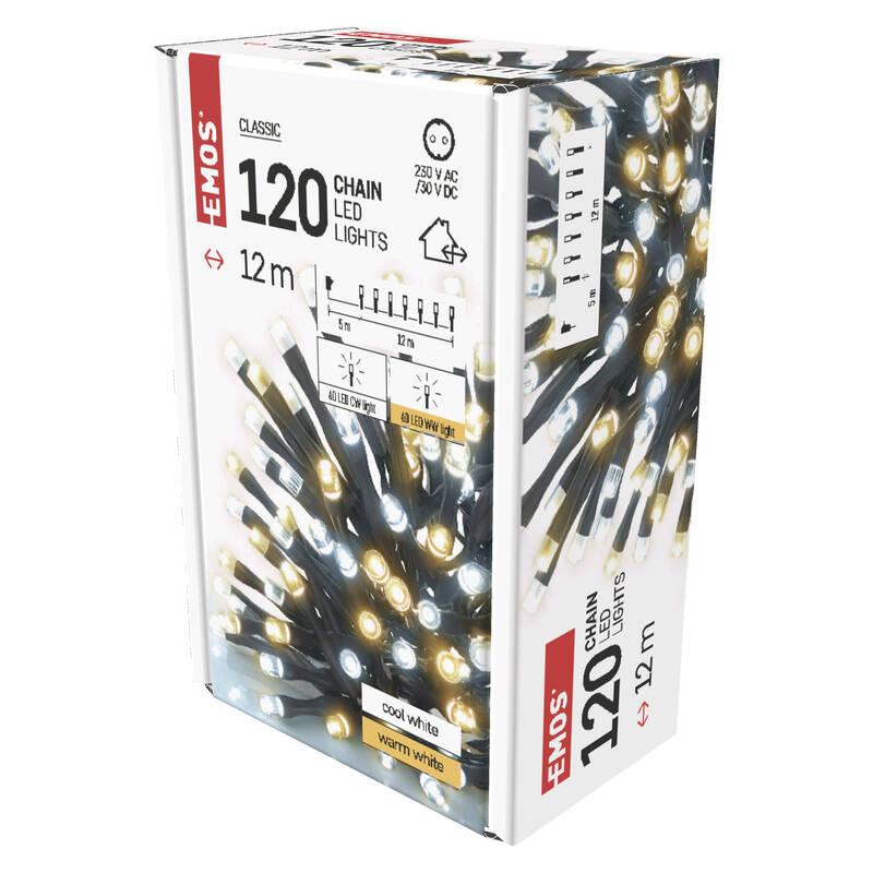 Vánoční osvětlení EMOS 120 LED řetěz, 12 m, venkovní i vnitřní, teplá studená bílá, časovač