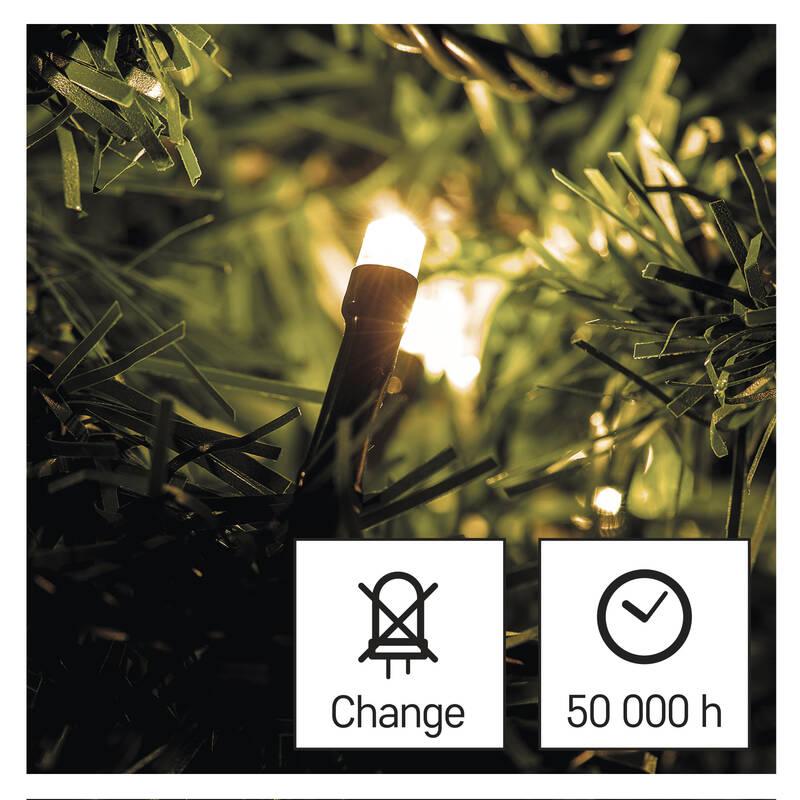 Vánoční osvětlení EMOS 120 LED řetěz, 8,4 m, 3x AA, venkovní i vnitřní, teplá bílá, časovač