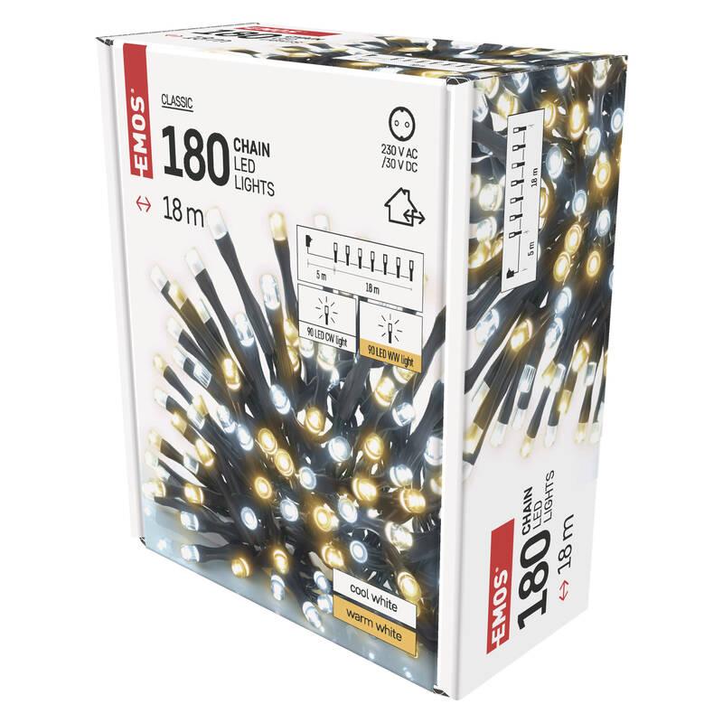 Vánoční osvětlení EMOS 180 LED řetěz, 18 m, venkovní i vnitřní, teplá studená bílá, časovač