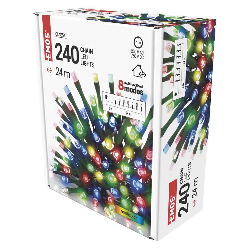 Vánoční osvětlení EMOS 240 LED řetěz, 24 m, venkovní i vnitřní, multicolor, programy