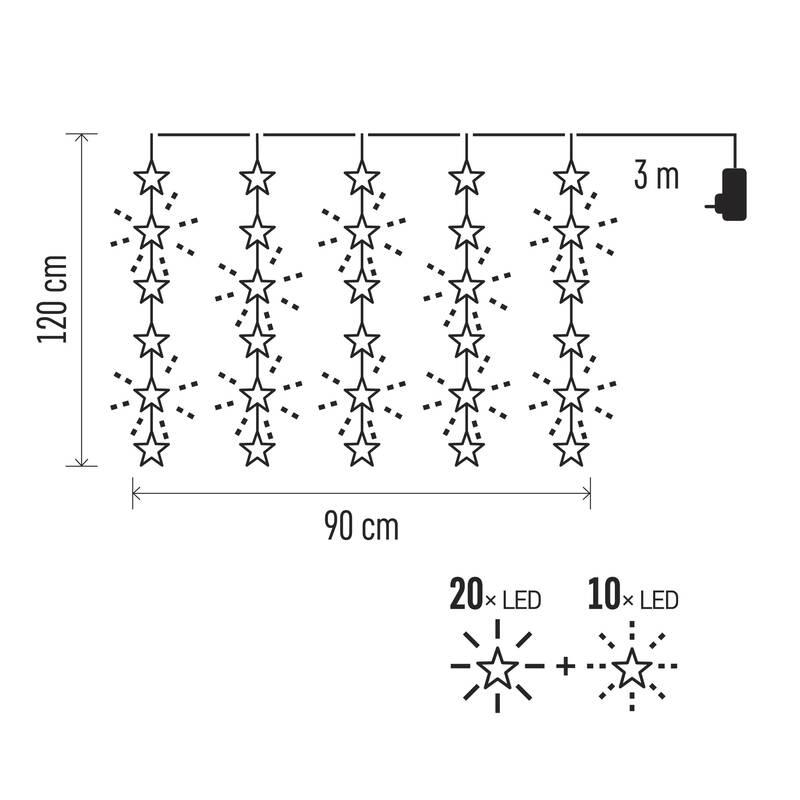 Vánoční osvětlení EMOS 30 LED závěs - hvězdy, 120x90 cm, venkovní i vnitřní, teplá bílá, časovač