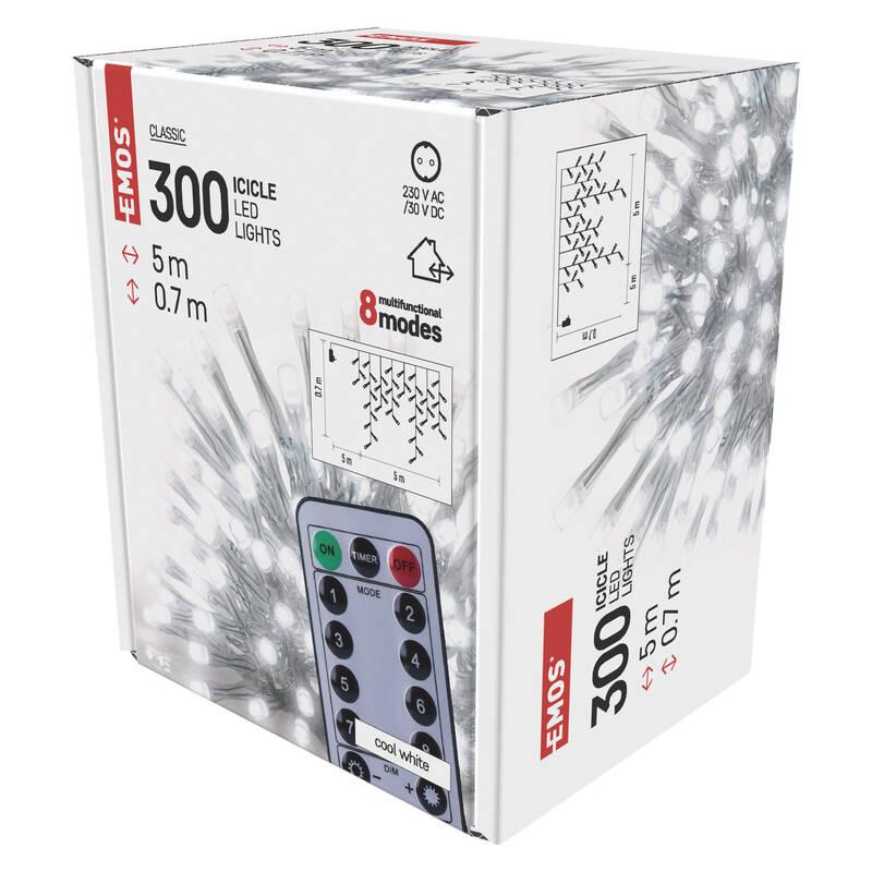 Vánoční osvětlení EMOS 300 LED rampouchy, 5 m, venkovní i vnitřní, studená bílá, ovladač, programy, časovač