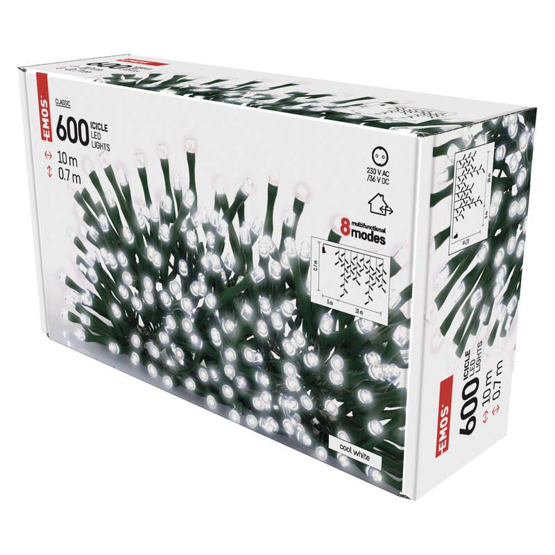 Vánoční osvětlení EMOS 600 LED rampouchy, 10 m, venkovní i vnitřní, studená bílá, programy