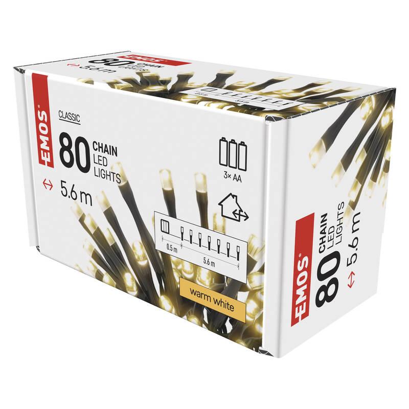 Vánoční osvětlení EMOS 80 LED řetěz, 5,6 m, 3x AA, venkovní i vnitřní, teplá bílá, časovač
