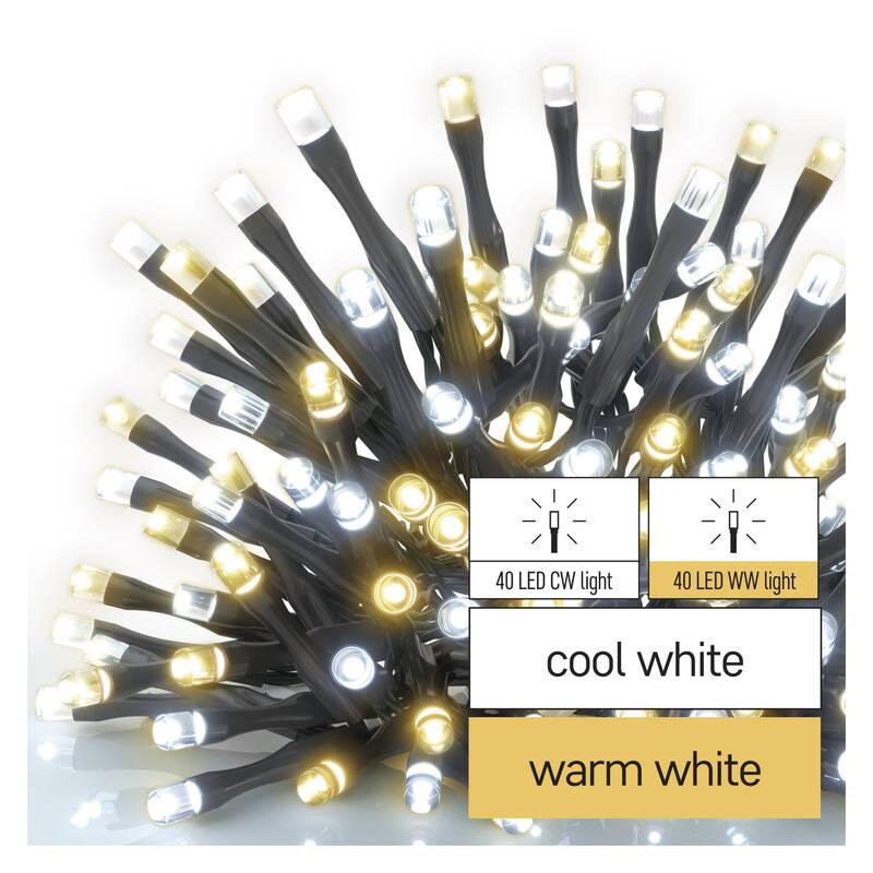 Vánoční osvětlení EMOS 80 LED řetěz, 8 m, venkovní i vnitřní, teplá studená bílá, časovač