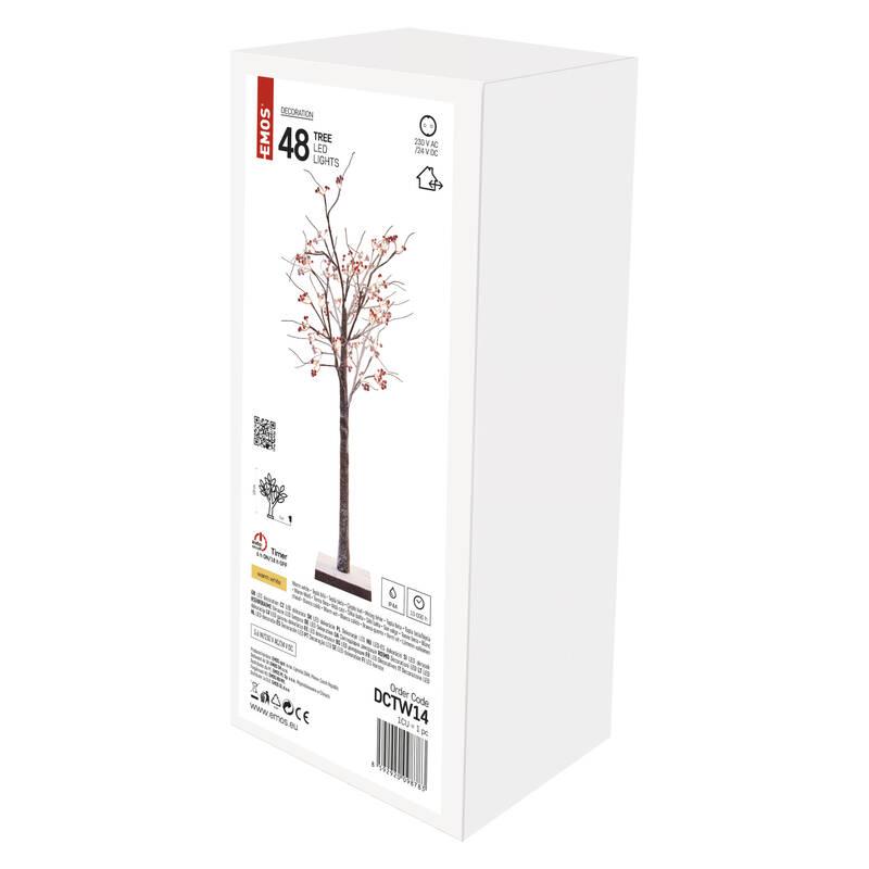 LED dekorace EMOS 48 LED svítící stromek s bobulemi, 120 cm, venkovní i vnitřní, teplá bílá, časovač