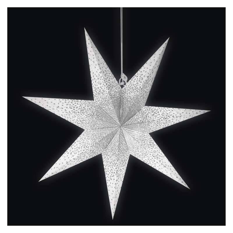 LED dekorace EMOS vánoční hvězda papírová závěsná se stříbrnými třpytkami ve středu, bílá, 60 cm, vnitřní