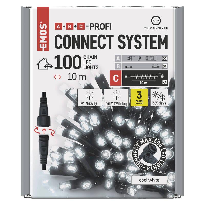Spojovací řetěz EMOS 100 LED Profi problikávající, 10 m, venkovní i vnitřní, studená bílá, časovač
