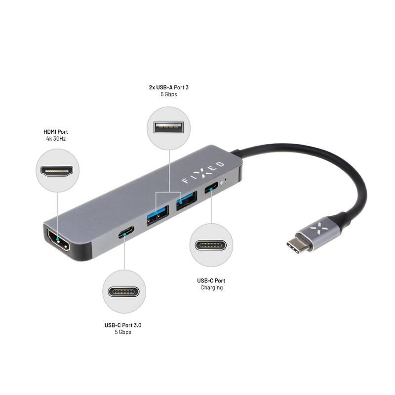 USB Hub FIXED 5v1 USB-C Mini pro notebooky a tablety šedý