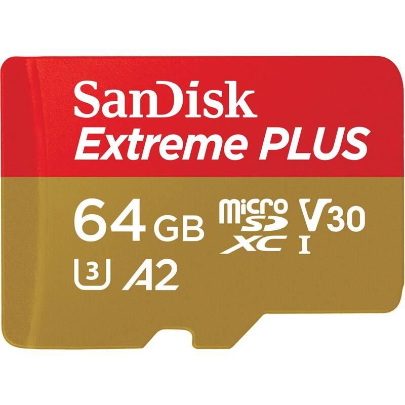 Paměťová karta SanDisk Micro SDXC Extreme Plus 64GB UHS-I U3 adapter, Paměťová, karta, SanDisk, Micro, SDXC, Extreme, Plus, 64GB, UHS-I, U3, adapter