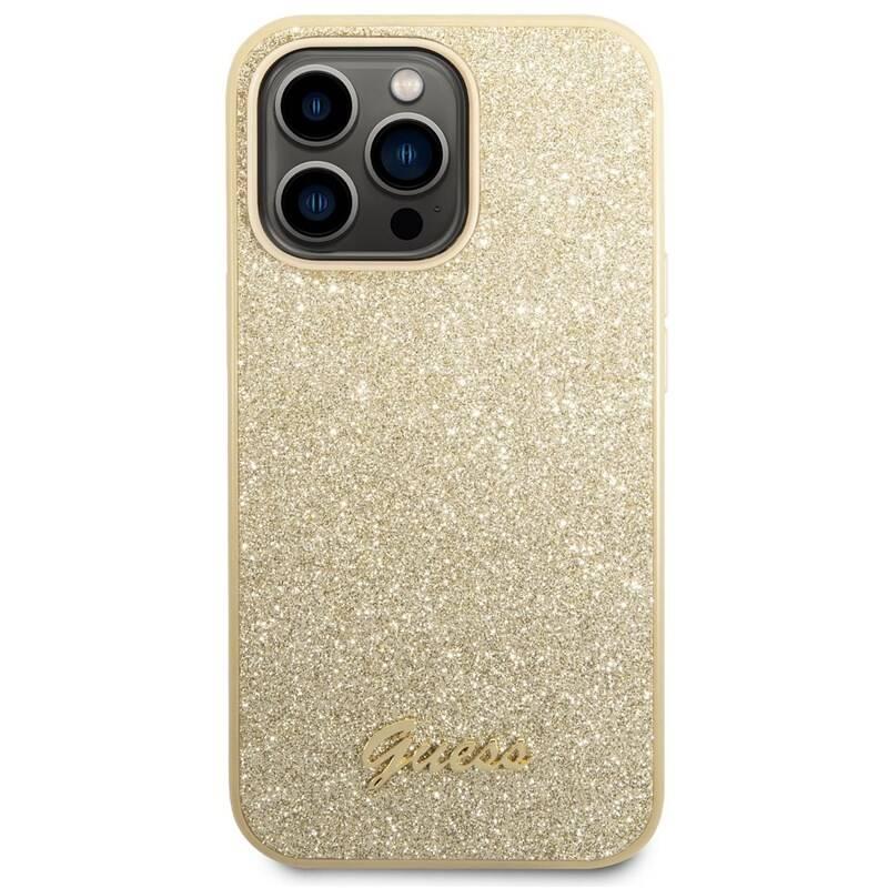Kryt na mobil Guess Glitter Flakes Metal Logo na Apple iPhone 14 Pro Max zlatý