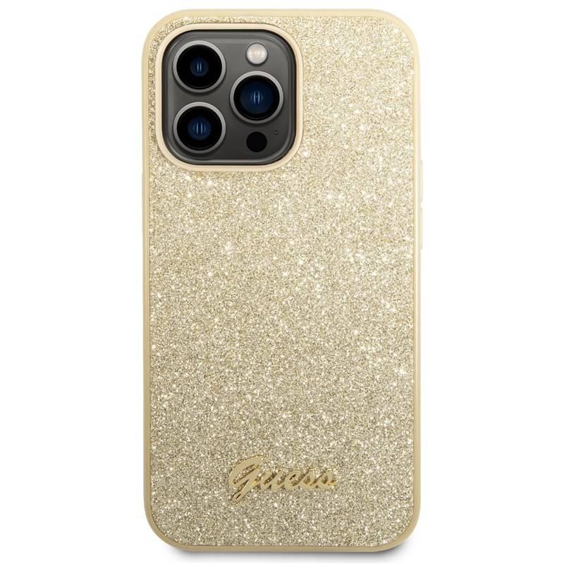 Kryt na mobil Guess Glitter Flakes Metal Logo na Apple iPhone 14 Pro zlatý