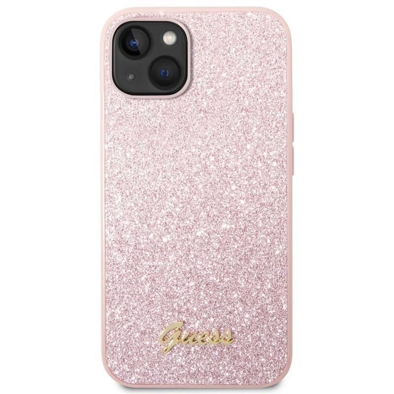 Kryt na mobil Guess Glitter Flakes Metal Logo na Apple iPhone 14 růžový