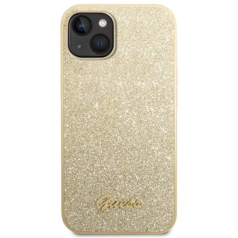 Kryt na mobil Guess Glitter Flakes Metal Logo na Apple iPhone 14 zlatý