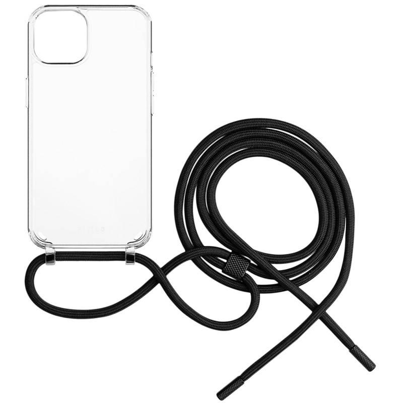 Kryt na mobil FIXED Pure Neck s černou šňůrkou na krk na Apple iPhone 13 průhledný