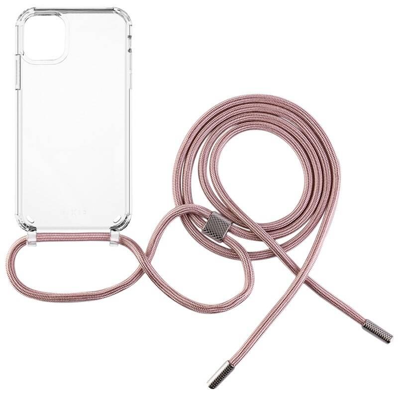 Kryt na mobil FIXED Pure Neck s růžovou šňůrkou na krk na Apple iPhone 11 průhledný