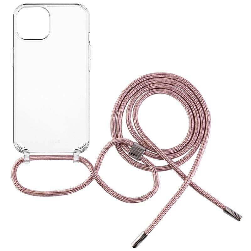 Kryt na mobil FIXED Pure Neck s růžovou šňůrkou na krk na Apple iPhone 12 12 Pro průhledný