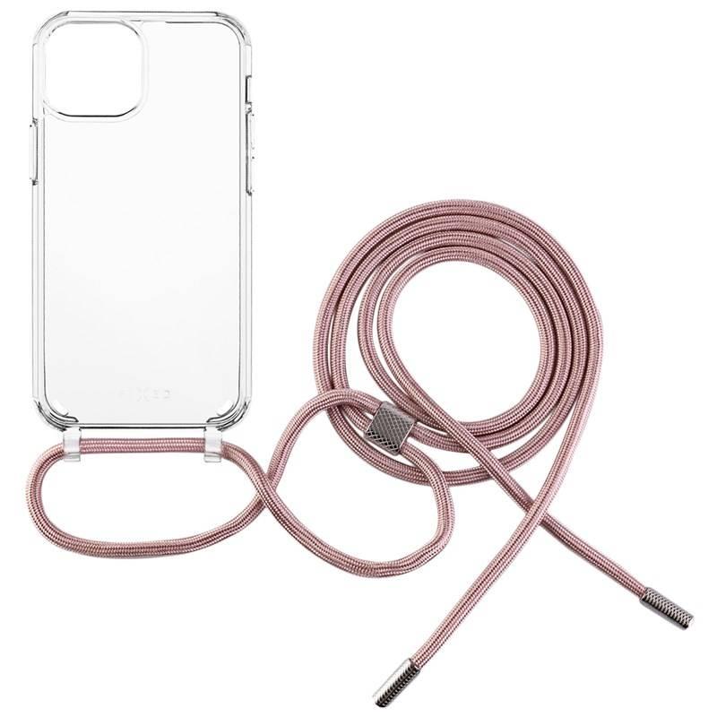 Kryt na mobil FIXED Pure Neck s růžovou šňůrkou na krk na Apple iPhone 12 mini průhledný
