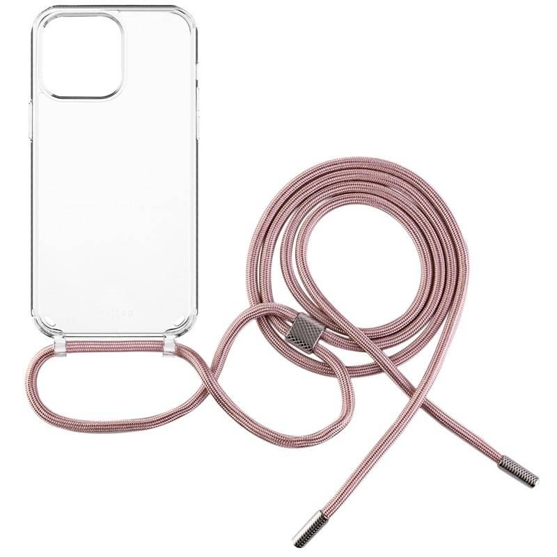 Kryt na mobil FIXED Pure Neck s růžovou šňůrkou na krk na Apple iPhone 13 Pro průhledný