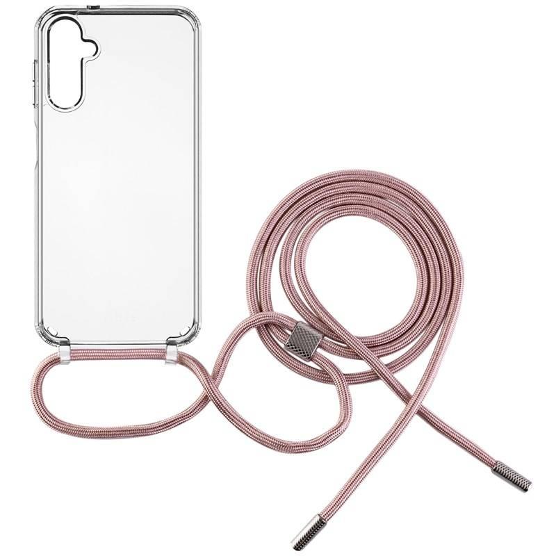 Kryt na mobil FIXED Pure Neck s růžovou šňůrkou na krk na Samsung Galaxy A14 A14 5G průhledný