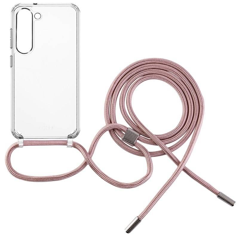 Kryt na mobil FIXED Pure Neck s růžovou šňůrkou na krk na Samsung Galaxy S23 průhledný