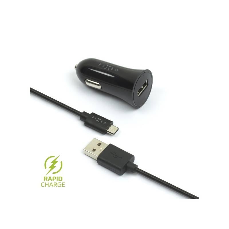 Adaptér do auta FIXED 1x USB, 2,4A micro USB kabel černý