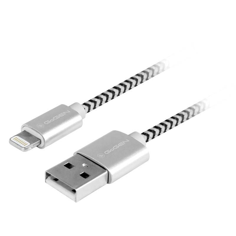 Kabel GoGEN USB lightning, 2m, opletený stříbrný, Kabel, GoGEN, USB, lightning, 2m, opletený, stříbrný