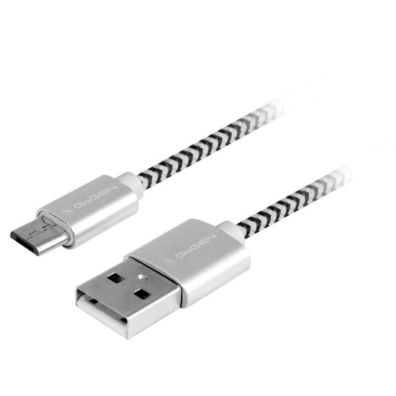 Kabel GoGEN USB micro USB, 2m, opletený stříbrný, Kabel, GoGEN, USB, micro, USB, 2m, opletený, stříbrný