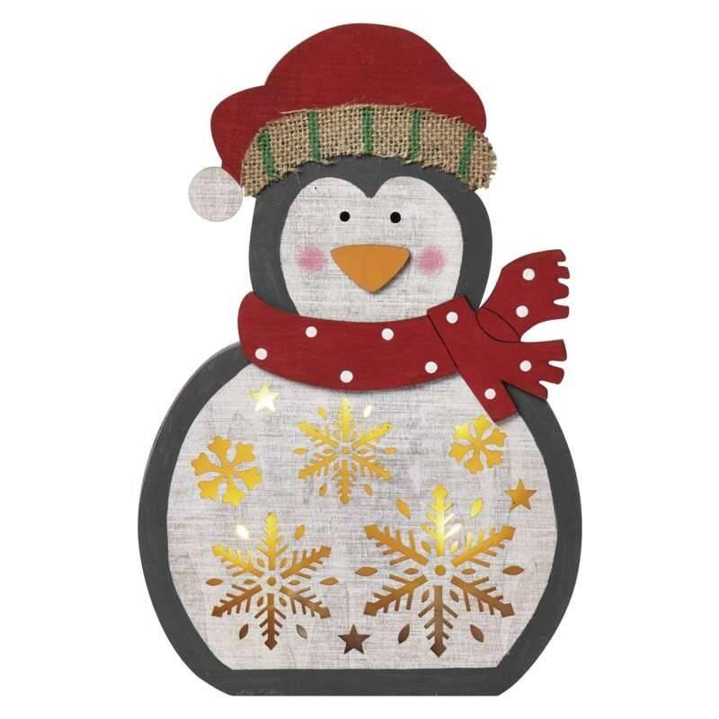 LED dekorace EMOS vánoční tučňák dřevěný, 30cm, 2× AAA, teplá bílá, časovač