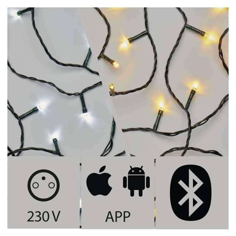 Vánoční osvětlení EMOS 150 LED, aplikací ovládaný LED řetěz, 15m, venkovní, studená teplá bílá