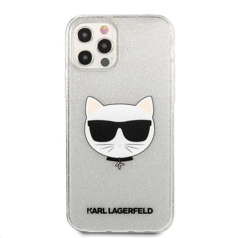 Kryt na mobil Karl Lagerfeld Choupette Head Glitter na Apple iPhone 12 12 Pro stříbrný