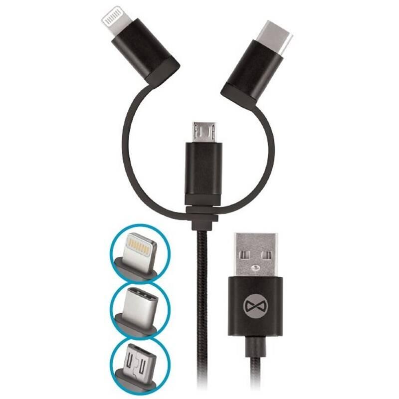 Kabel Forever 3v1, USB Micro USB Lightning USB-C, 1m černý, Kabel, Forever, 3v1, USB, Micro, USB, Lightning, USB-C, 1m, černý