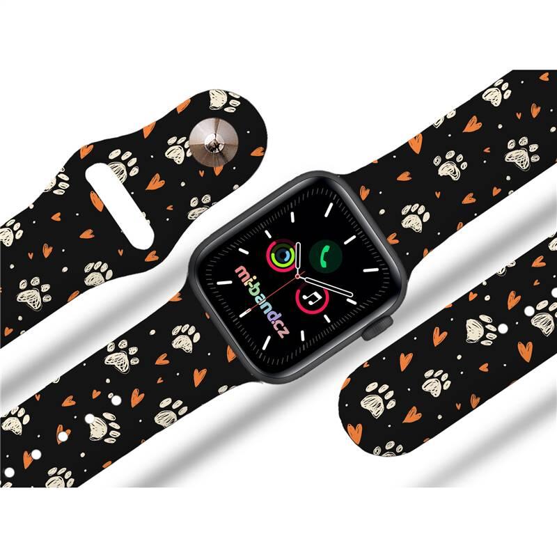 Řemínek Mi-Band na Apple Watch 38 40 41 mm - motiv Tlapičky se srdíčky, černý