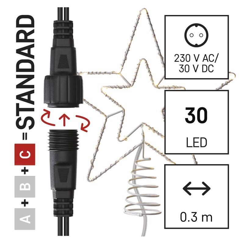 Spojovací řetěz EMOS 30 LED Standard spojovací vánoční hvězda, 28,5 cm, venkovní i vnitřní, teplá bílá, časovač