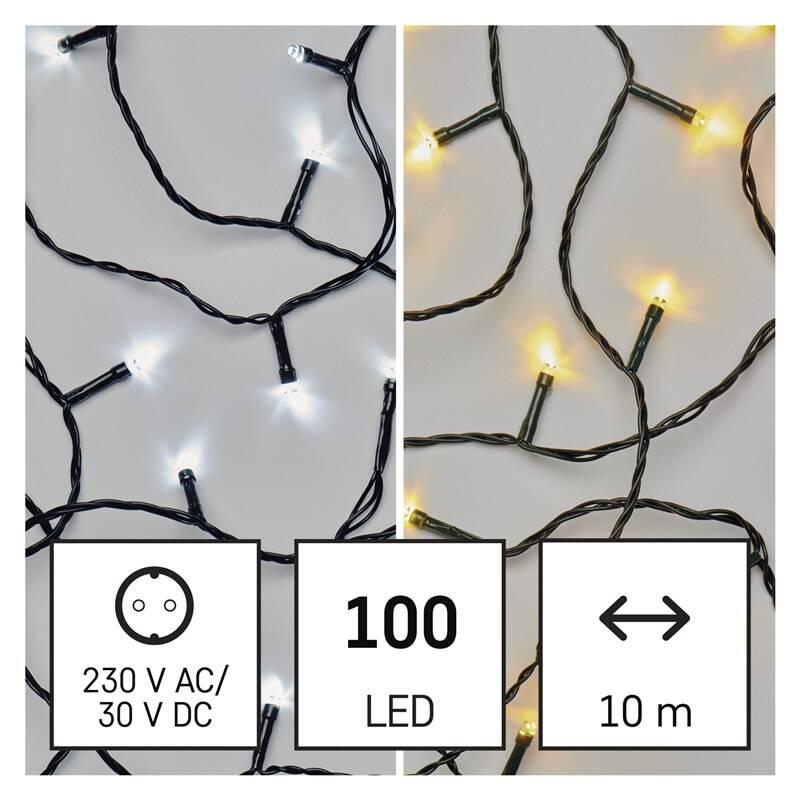 Vánoční osvětlení EMOS 100 LED řetěz 2v1, 10 m, venkovní i vnitřní, teplá studená bílá, programy