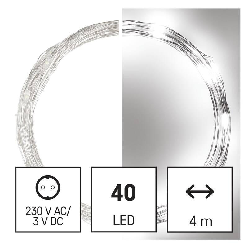 Vánoční osvětlení EMOS 40 LED nano řetěz stříbrný, 4 m, venkovní i vnitřní, studená bílá, časovač