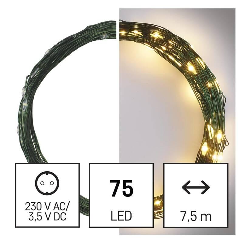 Vánoční osvětlení EMOS 75 LED nano řetěz zelený, 7,5 m, venkovní i vnitřní, teplá bílá, časovač