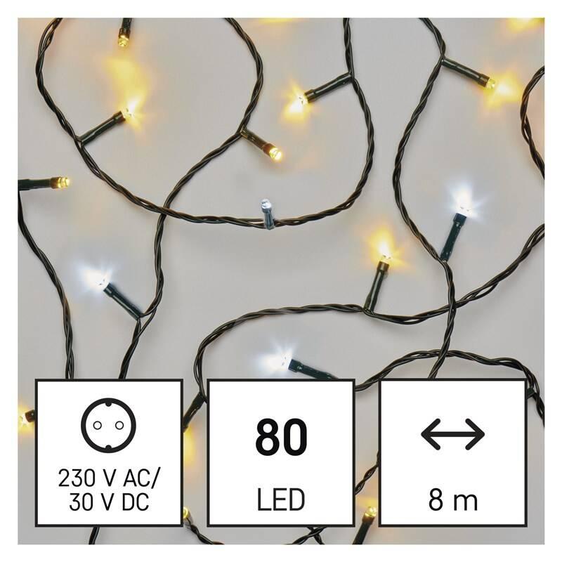 Vánoční osvětlení EMOS 80 LED řetěz blikající, 8 m, venkovní i vnitřní, teplá studená bílá, časovač